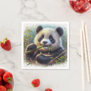 Adorable Panda Bear Eating Bamboo Napkin