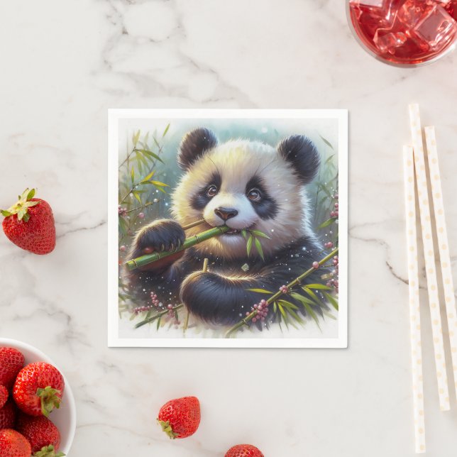 Adorable Panda Bear Eating Bamboo Napkin (Insitu)