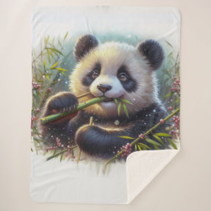 Adorable Panda Bear Eating Bamboo Sherpa Blanket