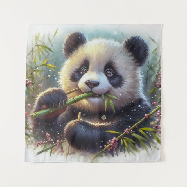 Adorable Panda Bear Eating Bamboo Tapestry (Front)
