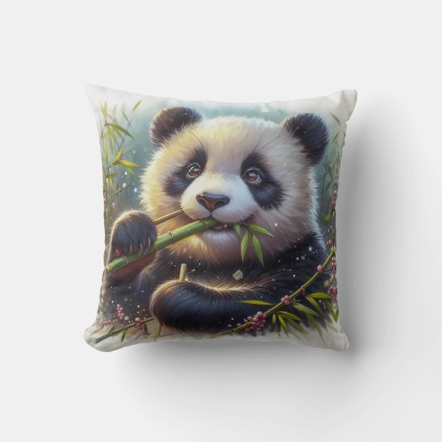 Adorable Panda Bear Eating Bamboo Throw Pillow (Front)