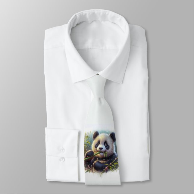 Adorable Panda Bear Eating Bamboo Tie (Tied)