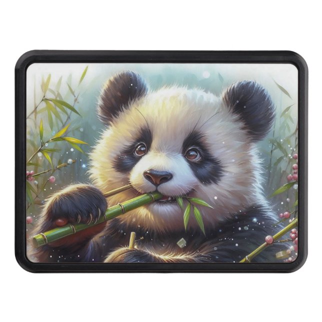 Adorable Panda Bear Eating Bamboo Trailer Hitch Cover (Front)