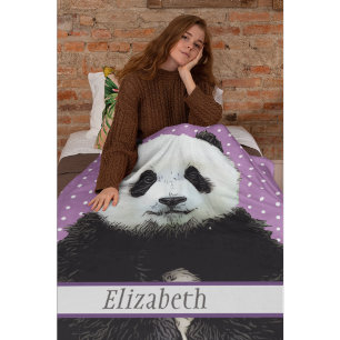 Adorable Panda Bear Purple Name Kids Animal Fleece Blanket