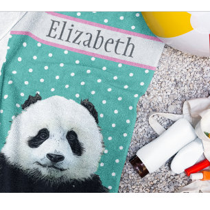 Adorable Panda Bear Teal Name Kid's Animal Beach Towel