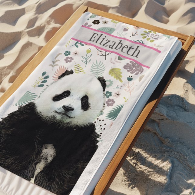 Adorable Panda Bear Teal Name Kid's Animal Beach Towel (Cute Panda Bear Vacation Pool Party Beach Towel)