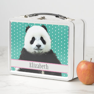 Adorable Panda Bear Teal Name Kid's Animal Metal Lunch Box