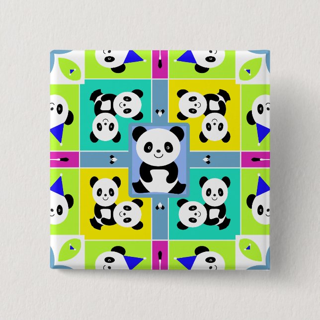 Adorable Panda Bears Bright Colours 2 Inch Square Button (Front)