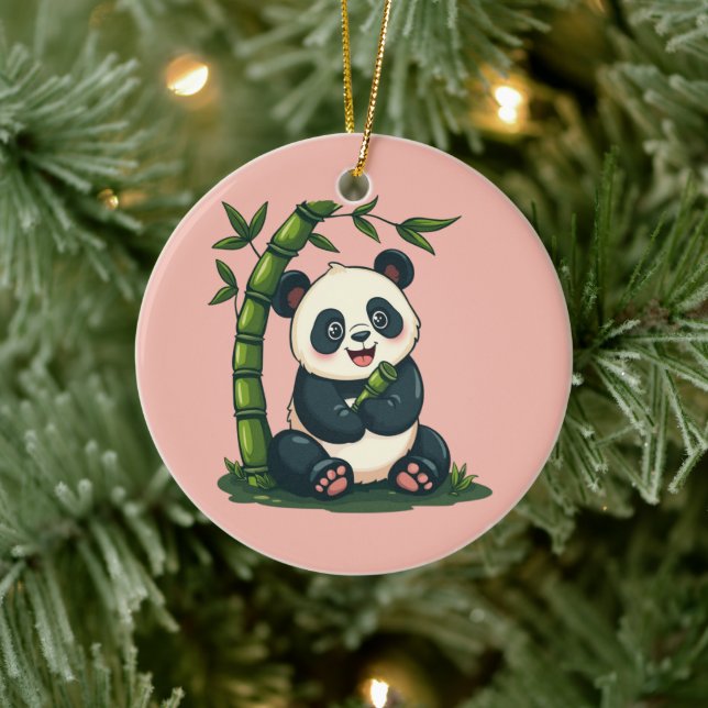 Adorable Panda Hugging Bamboo Cute Cartoon Art Ceramic Ornament (Tree)
