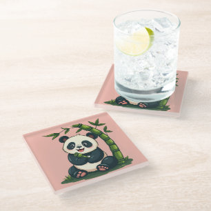 Adorable Panda Hugging Bamboo Cute Cartoon Art Glass Coaster
