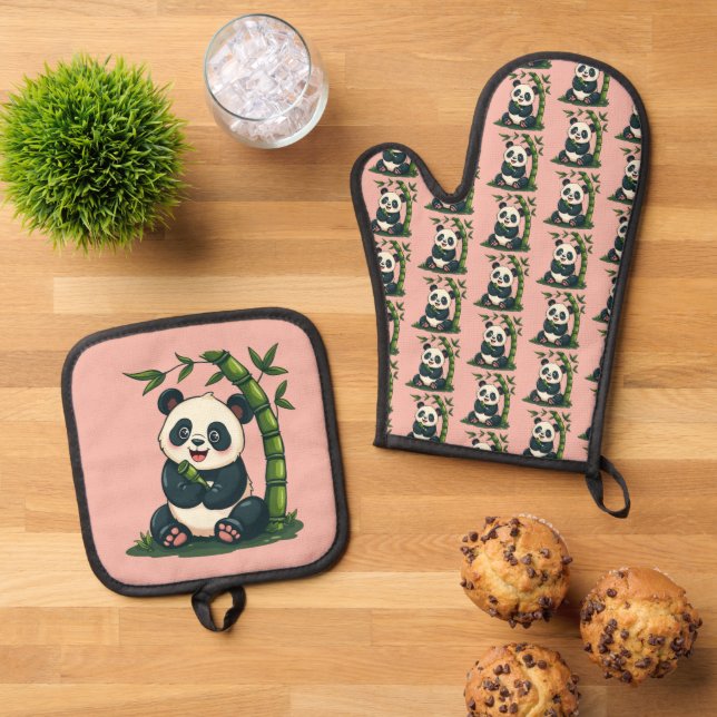 Adorable Panda Hugging Bamboo Cute Cartoon Art Oven Mitt & Pot Holder Set (Top Down)
