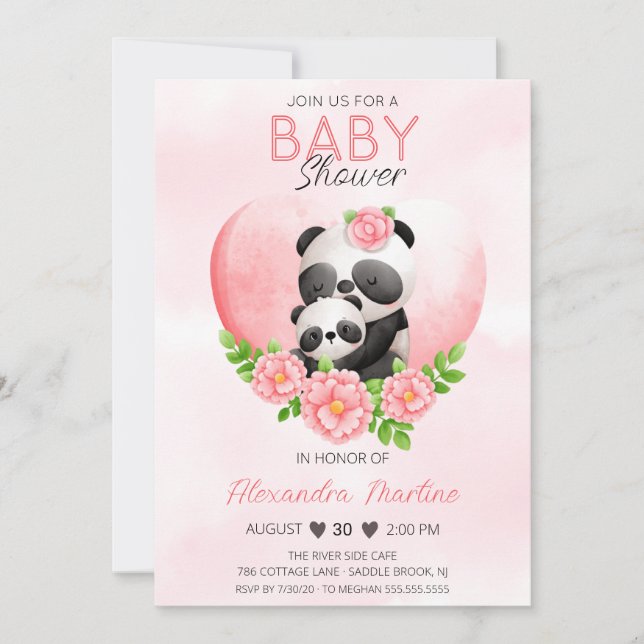 Adorable Panda Mom & baby Pink Floral Baby Shower  Invitation (Front)