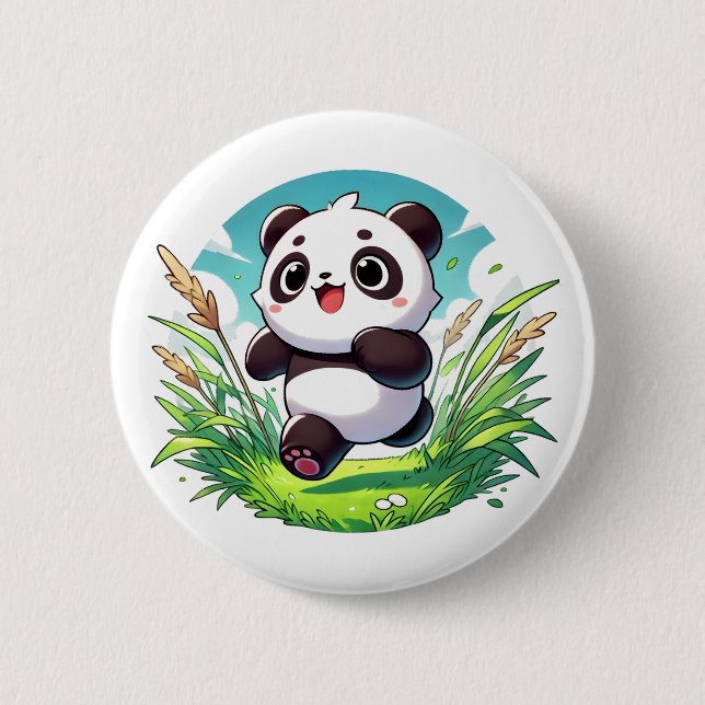 Adorable panda running through a field 2 inch round button (Front)