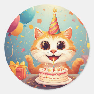 Adorable Party Cat Cute Birthday Kitty Design Classic Round Sticker