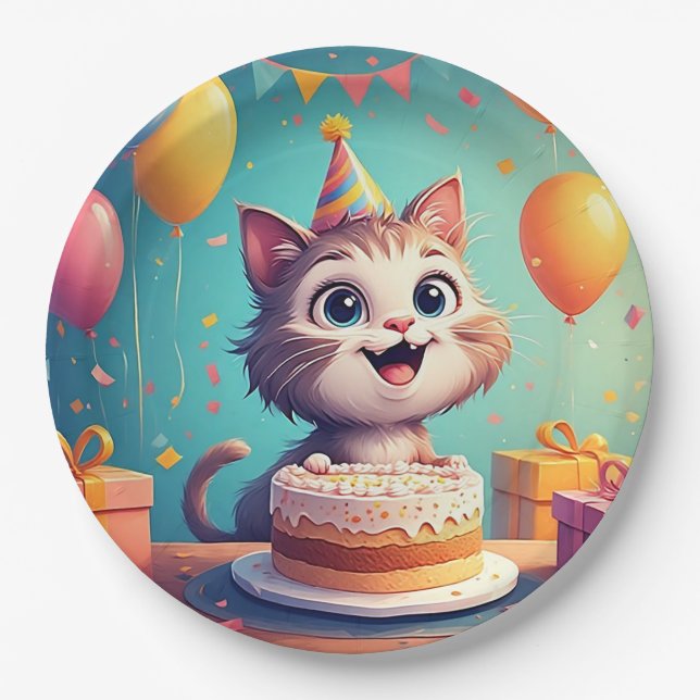 Adorable Party Cat With Cake and Balloons Paper Plate (Front)