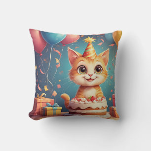 Adorable Party Cat With Cake and Balloons Throw Pillow