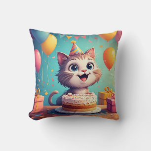 Adorable Party Cat With Cake and Balloons Throw Pillow