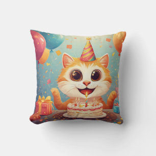 Adorable Party Cat With Cake and Balloons Throw Pillow