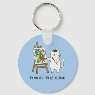 Adorable Pastel Blue Cat Abstract Art Messy Artist Keychain