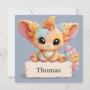 Adorable Pastel Fantasy Creature Holding a Name Holiday Card