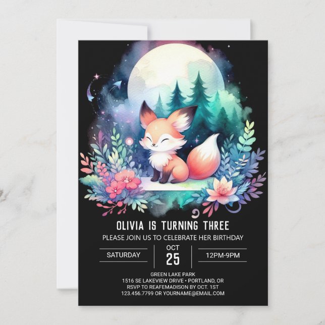 Adorable Pastel Fox Birthday digital  Invitation (Front)