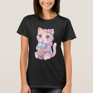 Adorable Pastel Tabby Cat Drinking Boba Art Kawaii T-Shirt