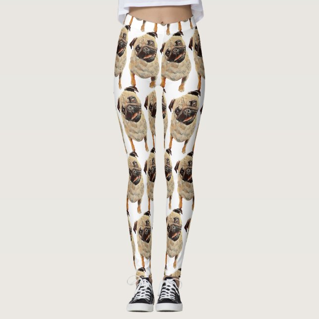 Adorable Pastel tiré Carlin chien Leggings (Devant)