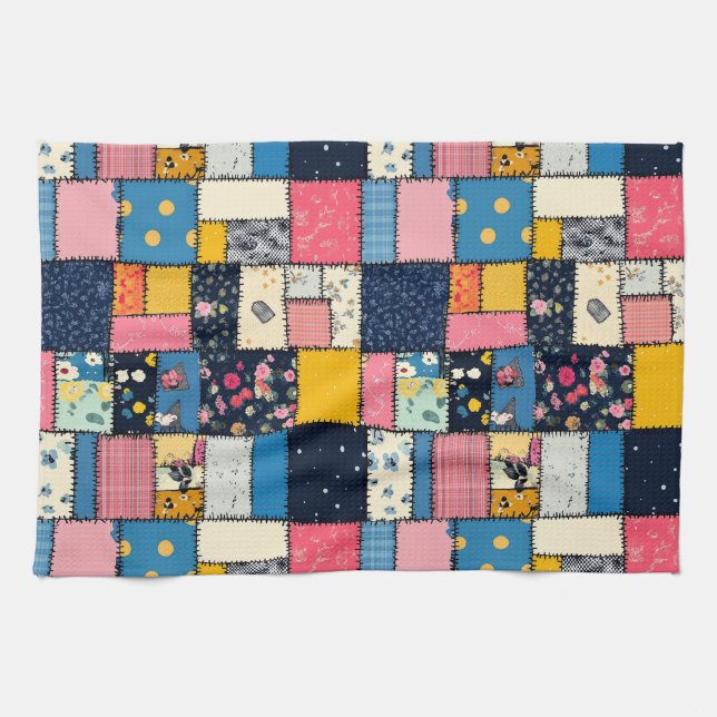 Adorable Patchwork Design, Playful Pattern Kitchen Towel (Horizontal)