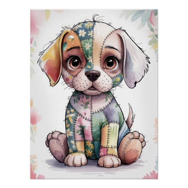 Adorable Patchwork Puppy with Big Eyes - Whimsical Poster (Front)