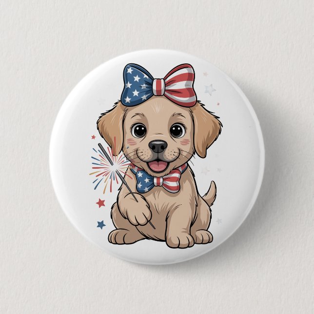 Adorable Patriotic Puppy 4th of July Celebration 2 Inch Round Button (Front)