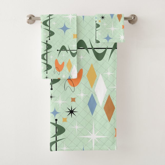Adorable pattern geometric starbursts bright green bath towel set (Insitu)
