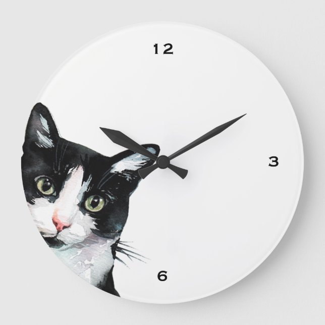 Adorable Peeking Cat noir et blanc Horloge (Recto)