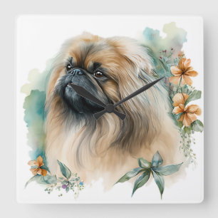 ADORABLE PEKINGESE DOG WITH WILDFLOWERS SQUARE WALL CLOCK