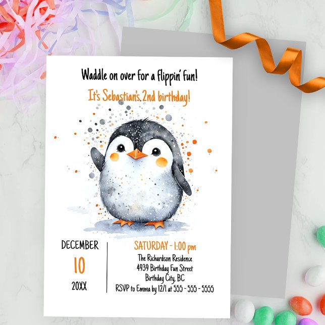 Adorable Penguin and Festive Orange Brown Confetti Invitation (Creator Uploaded)