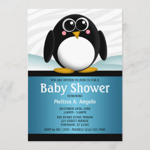 Adorable Penguin Blue Boy Baby Shower Invitations