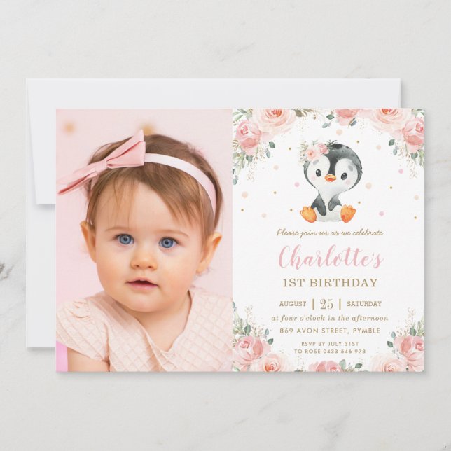 Adorable Penguin Blush Floral 1st Birthday Photo Invitation (Front)
