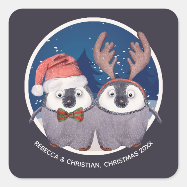 Adorable Penguin Couple Christmas Square Sticker (Front)