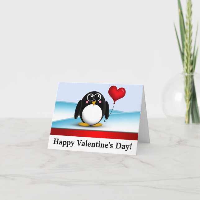 Adorable Penguin "Happy Valentine's Day" Note Card (Front)