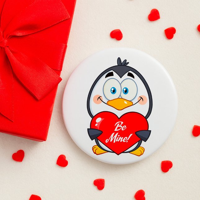 Adorable Penguin Holding Be Mine Heart  3 Inch Round Button (Creator Uploaded)