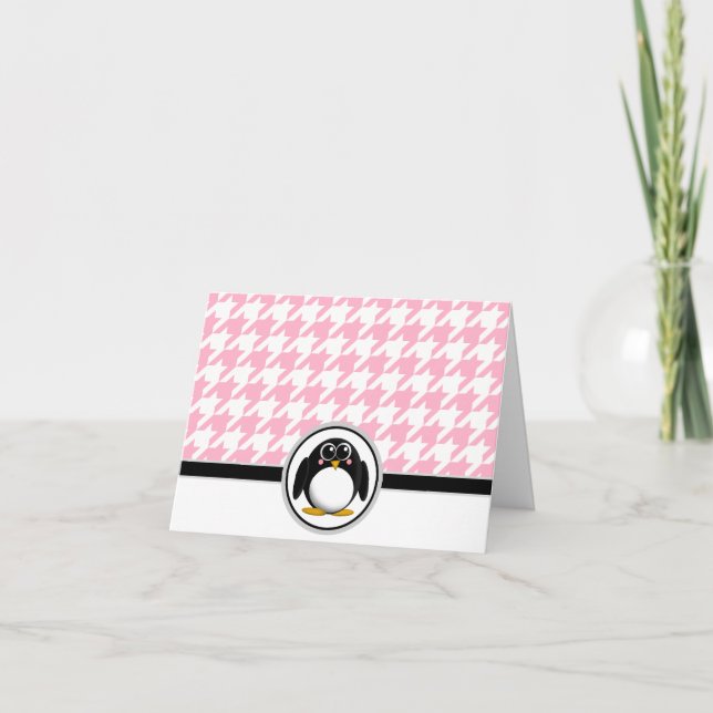 Adorable Penguin Pink & White Houndstooth Cards (Front)