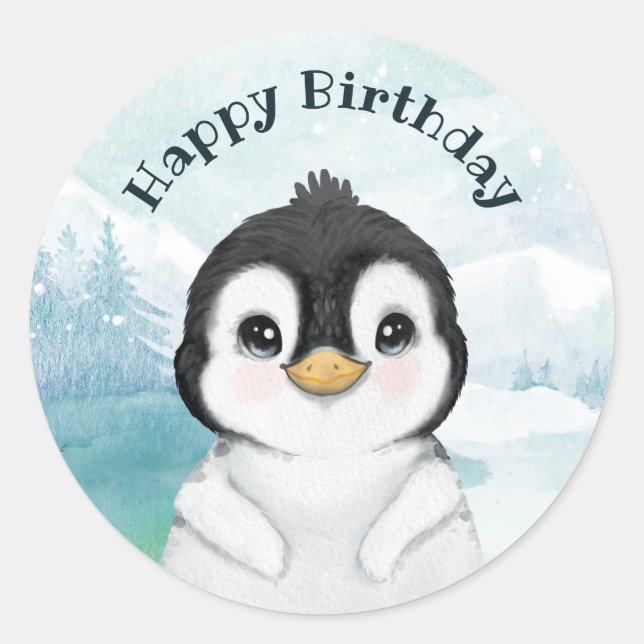 Adorable Penguin Winter Landscape Happy Birthday  Classic Round Sticker (Front)