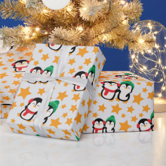 Adorable penguins & Yellow Stars Festive Seamless Wrapping Paper