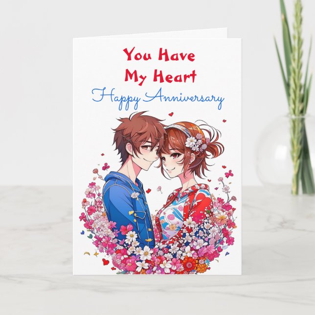 Adorable Personalized Anime Couple Anniversary Card (Front)