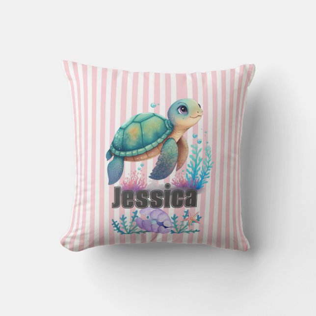Adorable personalized baby sea turtle throw pillow (Front)