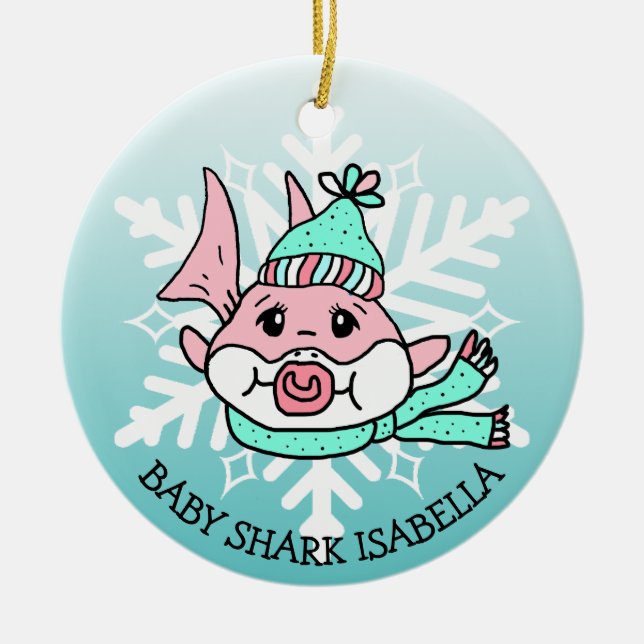 Adorable Personalized Baby Shark and Snowflake Ceramic Ornament (Front)