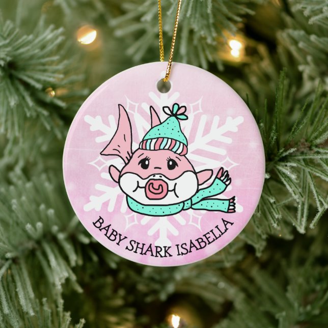 Adorable Personalized Baby Shark and Snowflake Ceramic Ornament (Tree)