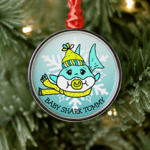 Adorable Personalized Baby Shark and Snowflake Metal Ornament