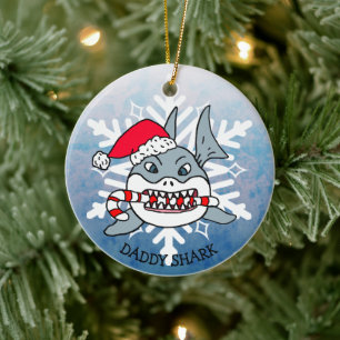 Adorable Personalized Daddy Shark and Snowflake Ceramic Ornament