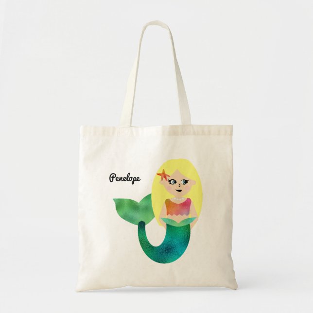 Adorable Personalized Faux Foil Blonde Mermaid Tote Bag (Front)