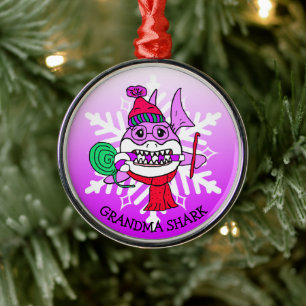 Adorable Personalized Grandma Shark and Snowflake Metal Ornament